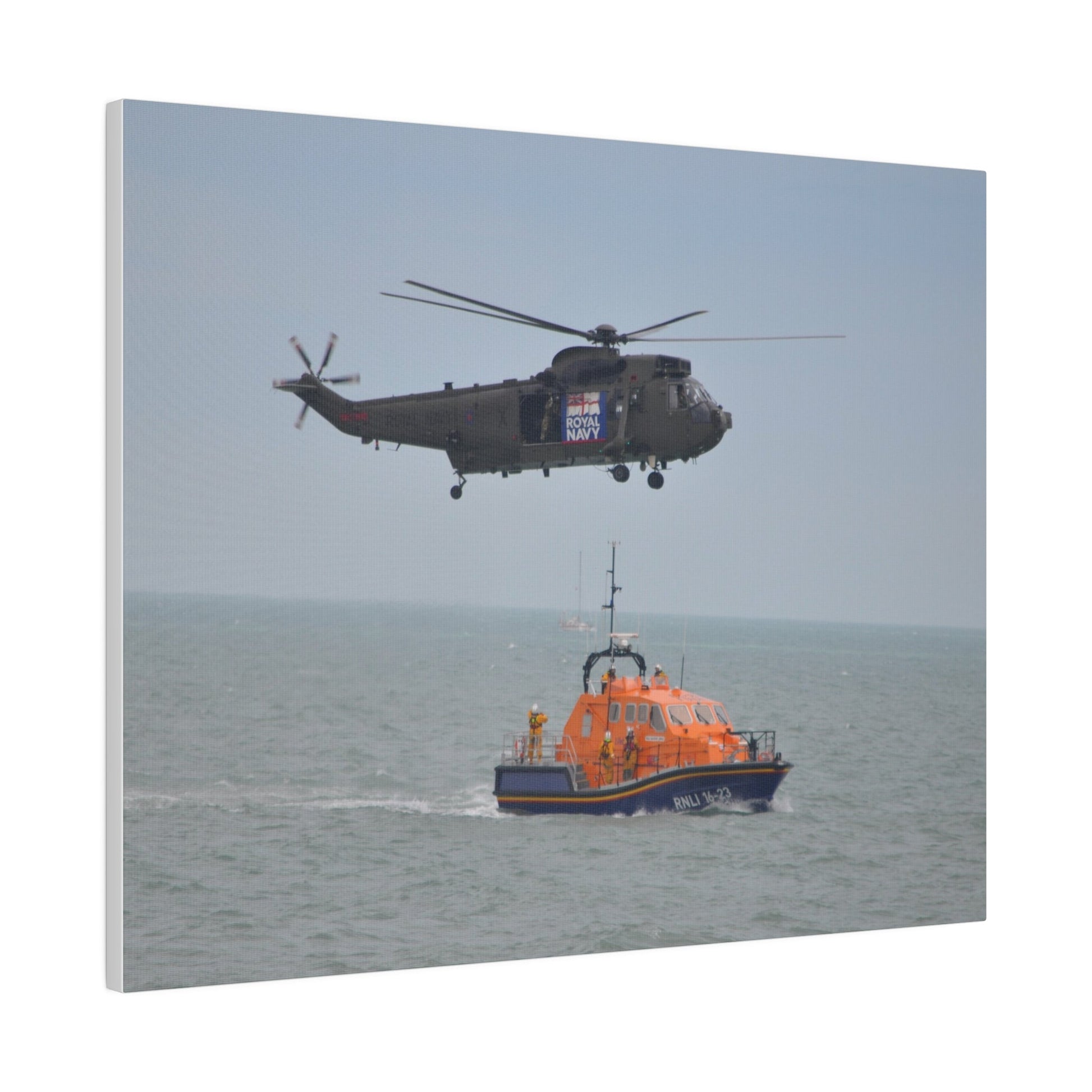 Sea King Helicopter Hovering Over An RNLI Lifeboat, Matte Canvas, Stretched, 0.75" - The Trio Synergize Group