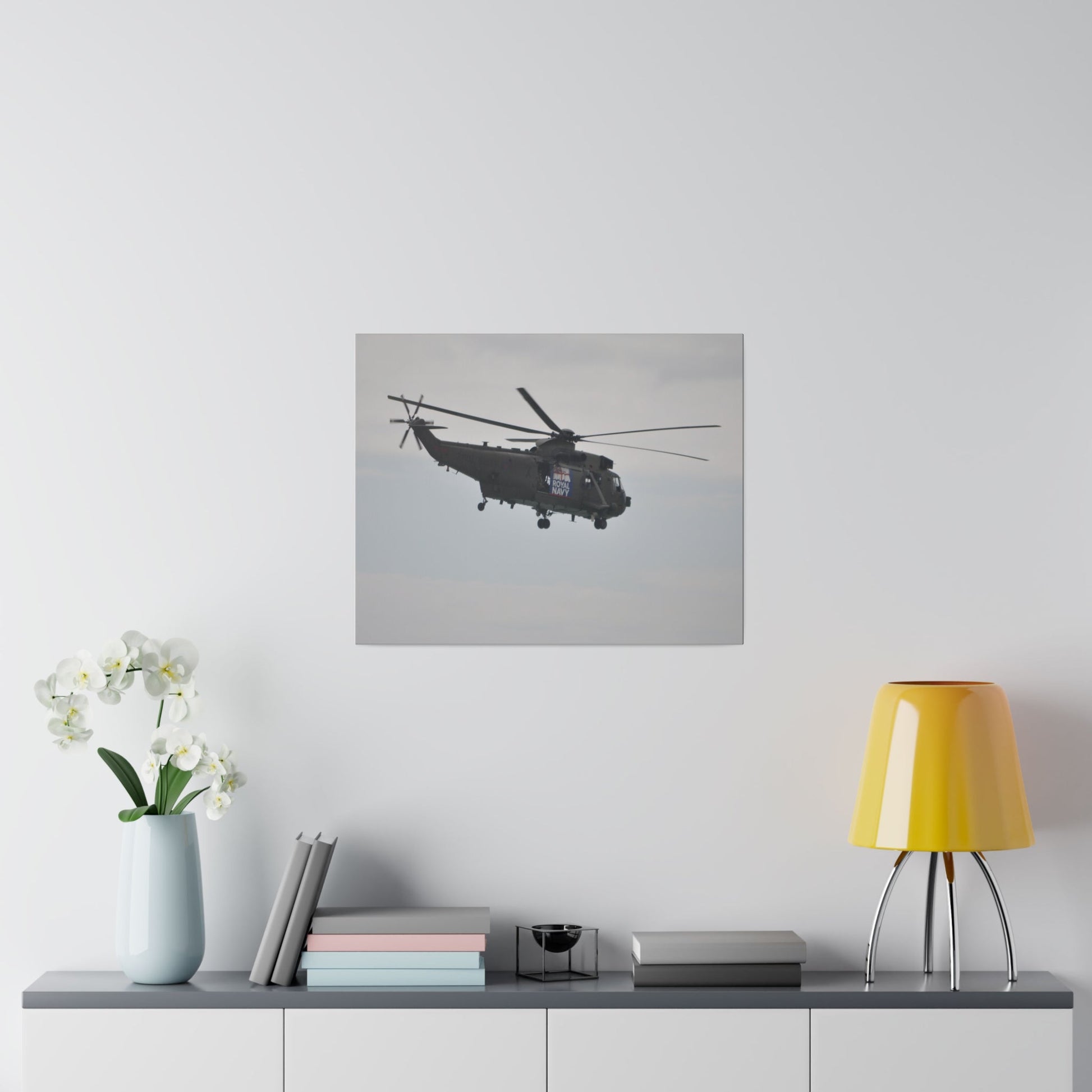 Sea King Helicopter Hovering With Rear And Side View, Matte Canvas, Stretched, 0.75" - The Trio Synergize Group