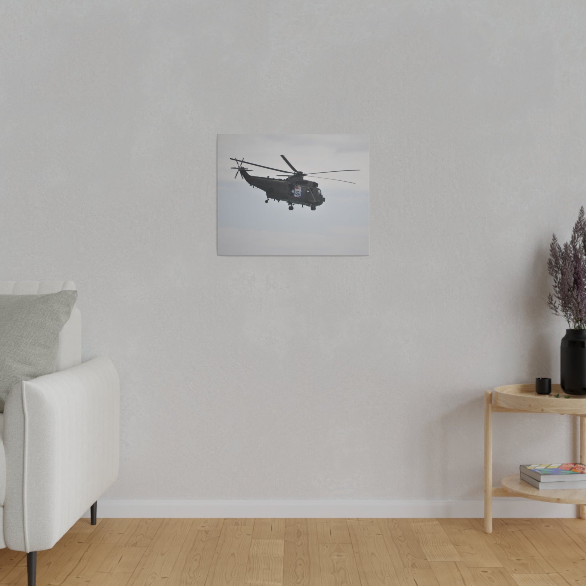 Sea King Helicopter Hovering With Rear And Side View, Matte Canvas, Stretched, 0.75" - The Trio Synergize Group