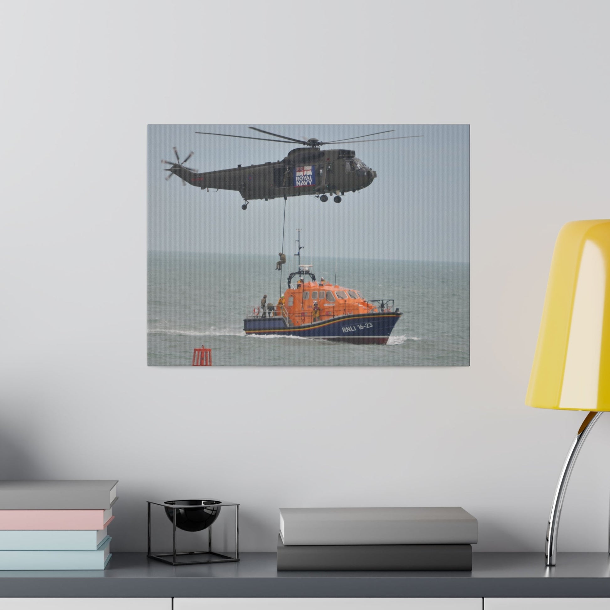 Sea King Helicopter Roping Down Crew Onto The RNLI Lifeboat, Matte Canvas, Stretched, 0.75" - The Trio Synergize Group
