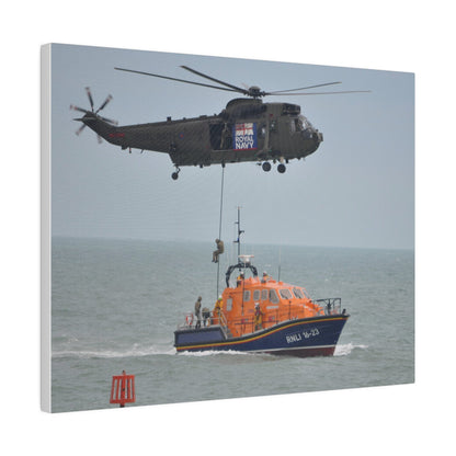 Sea King Helicopter Roping Down Crew Onto The RNLI Lifeboat, Matte Canvas, Stretched, 0.75" - The Trio Synergize Group