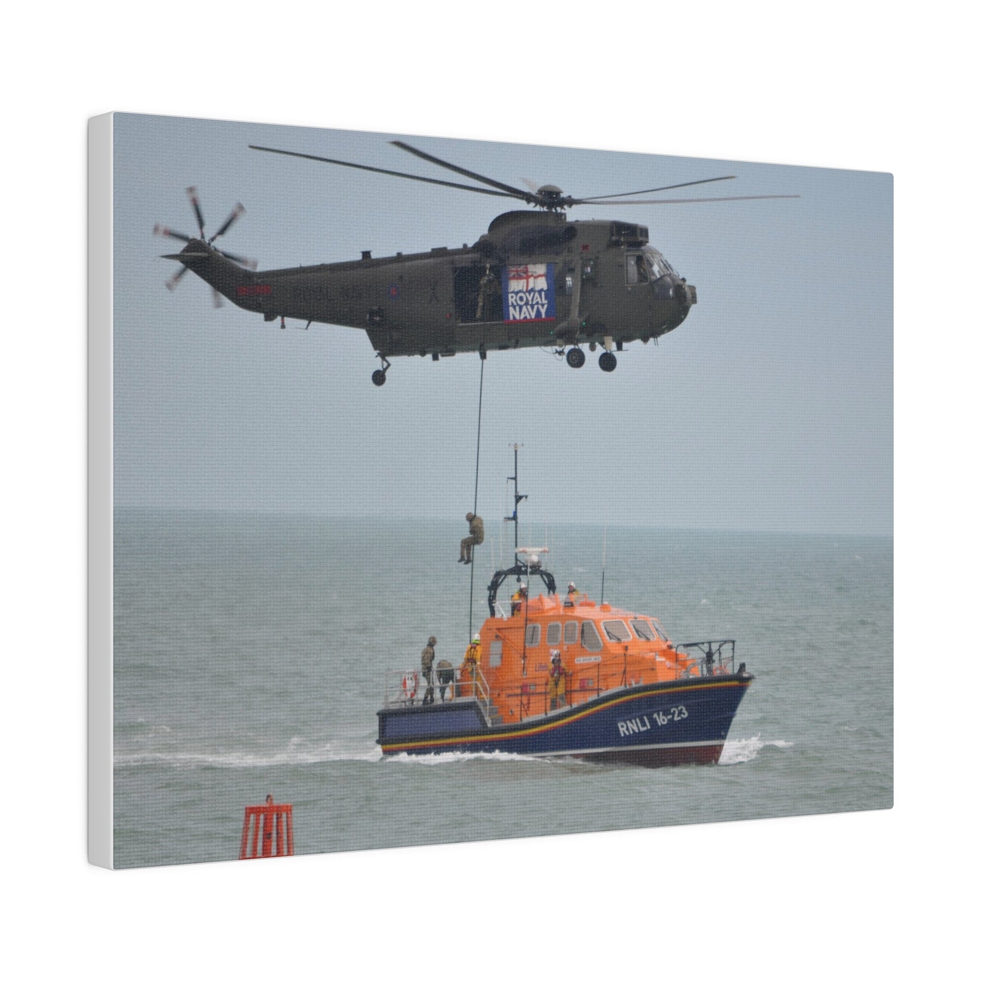 Sea King Helicopter Roping Down Crew Onto The RNLI Lifeboat, Matte Canvas, Stretched, 0.75" - The Trio Synergize Group