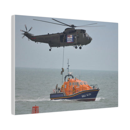 Sea King Helicopter Roping Down Crew Onto The RNLI Lifeboat, Matte Canvas, Stretched, 0.75" - The Trio Synergize Group