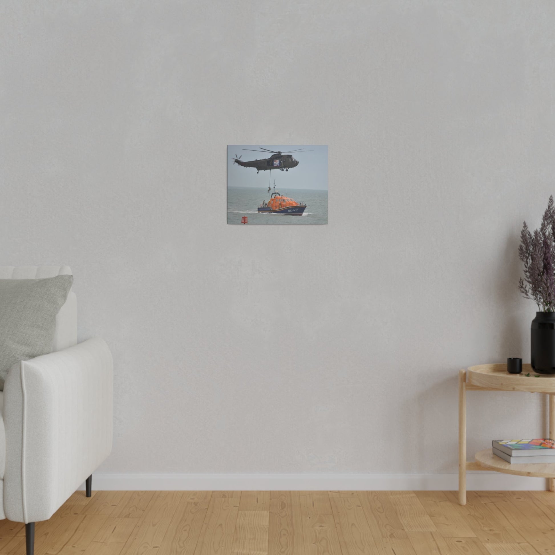 Sea King Helicopter Roping Down Crew Onto The RNLI Lifeboat, Matte Canvas, Stretched, 0.75" - The Trio Synergize Group