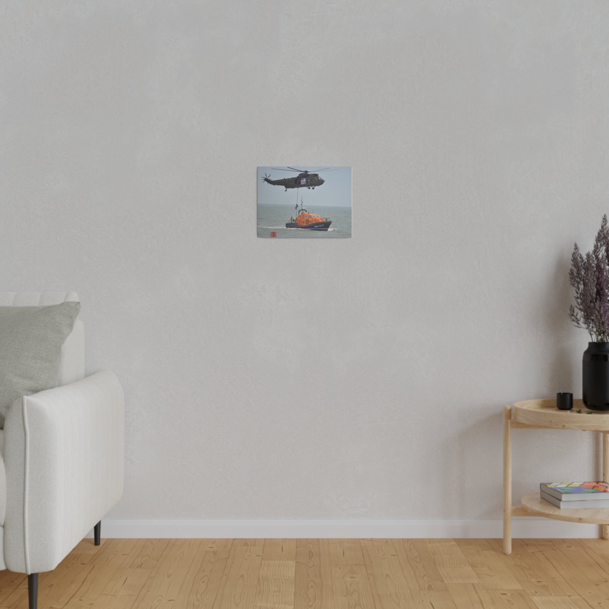 Sea King Helicopter Roping Down Crew Onto The RNLI Lifeboat, Matte Canvas, Stretched, 0.75" - The Trio Synergize Group