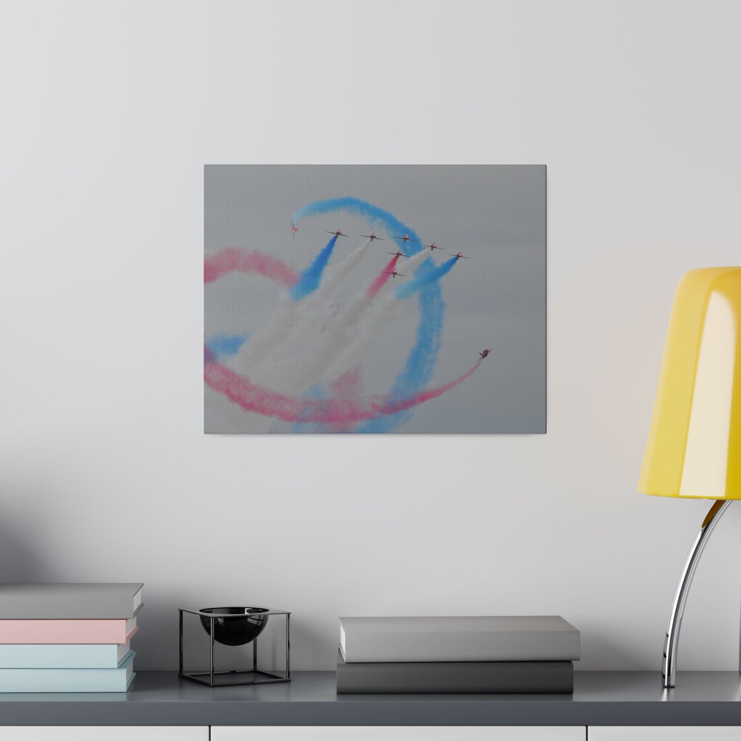 Seven Red Arrows Flying Forward With White Smoke And Starting To Change Colours And Two Looping Around Them With Red And Blue Smoke Much Closer Shoot, Matte Canvas, Stretched, 0.75" - The Trio Synergize Group