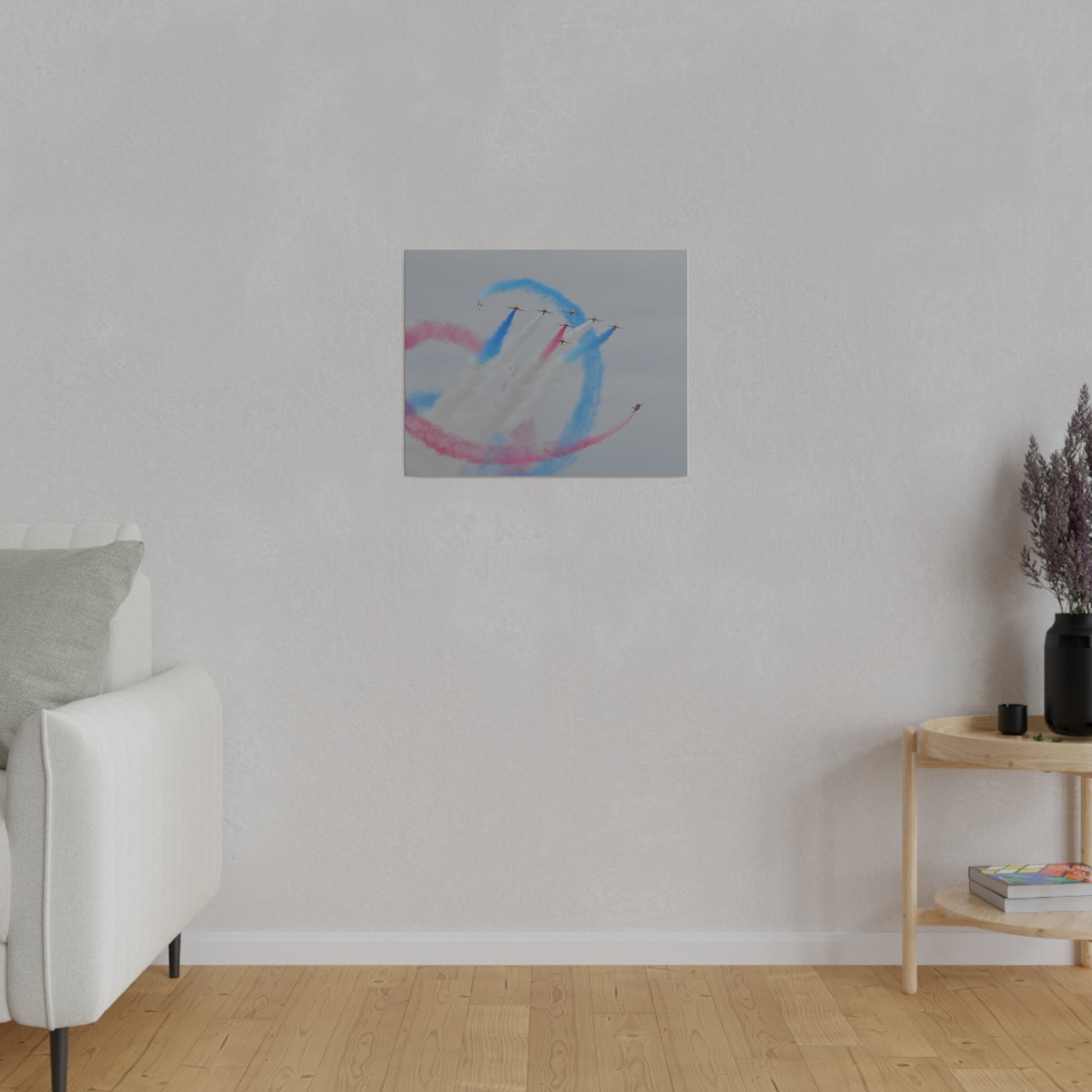 Seven Red Arrows Flying Forward With White Smoke And Starting To Change Colours And Two Looping Around Them With Red And Blue Smoke Much Closer Shoot, Matte Canvas, Stretched, 0.75" - The Trio Synergize Group