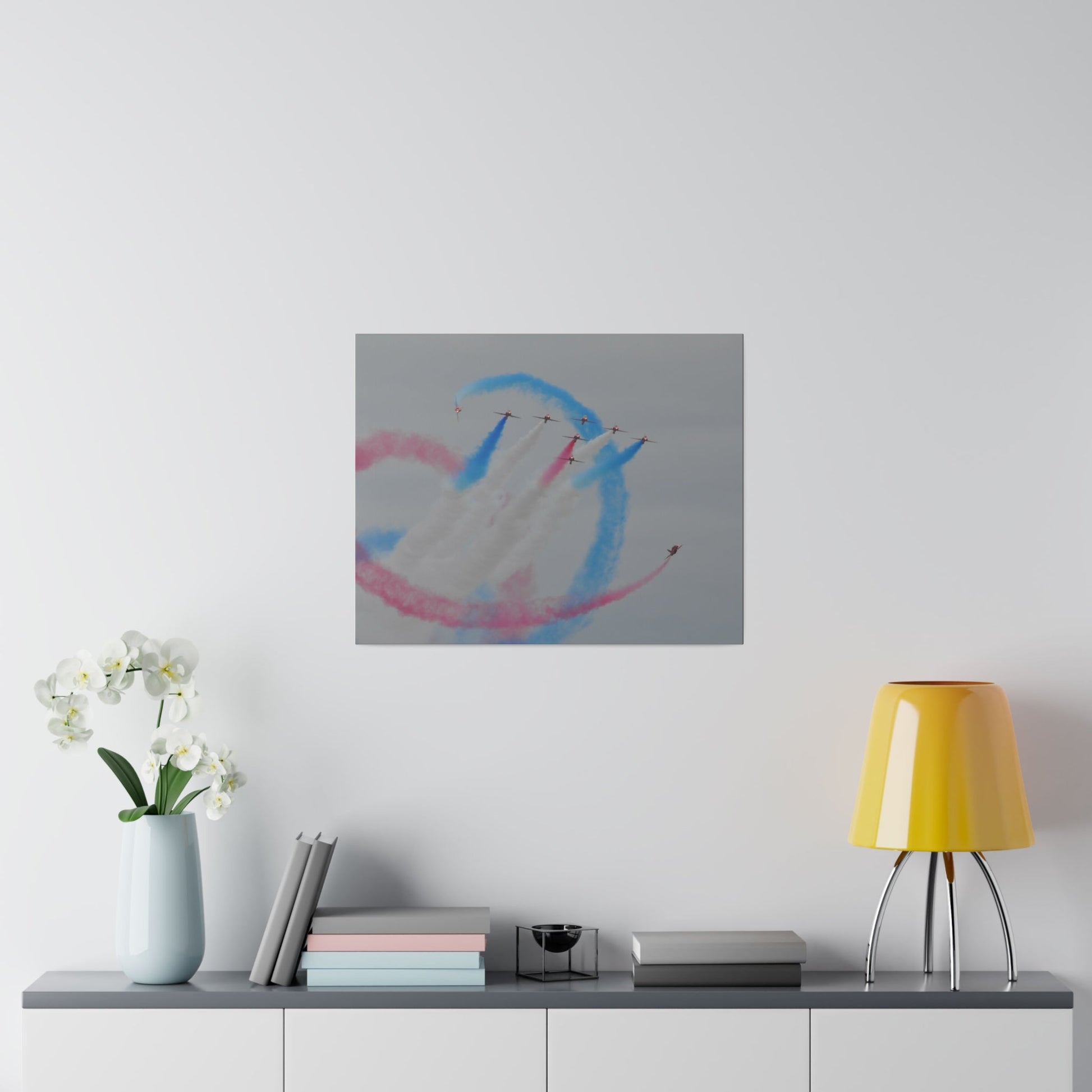 Seven Red Arrows Flying Forward With White Smoke And Starting To Change Colours And Two Looping Around Them With Red And Blue Smoke Much Closer Shoot, Matte Canvas, Stretched, 0.75" - The Trio Synergize Group