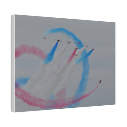 Seven Red Arrows Flying Forward With White Smoke And Starting To Change Colours And Two Looping Around Them With Red And Blue Smoke Much Closer Shoot, Matte Canvas, Stretched, 0.75" - The Trio Synergize Group
