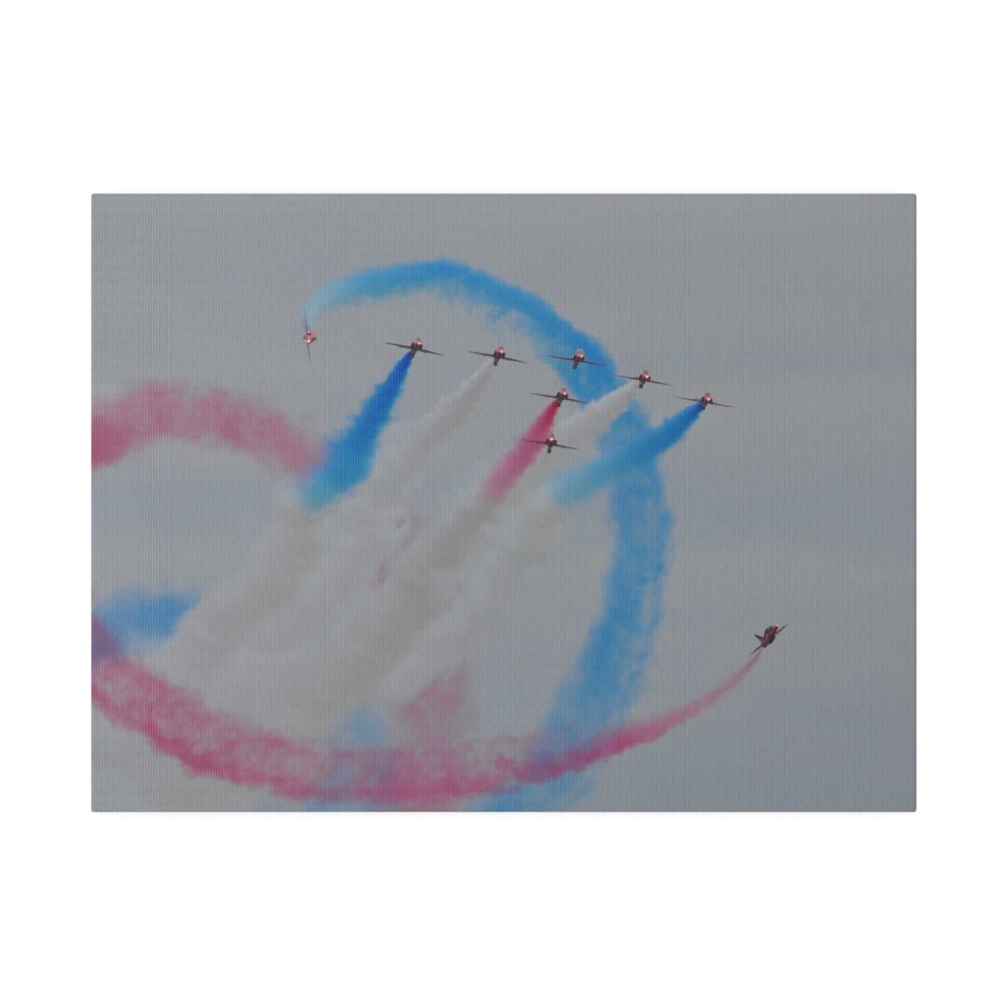 Seven Red Arrows Flying Forward With White Smoke And Starting To Change Colours And Two Looping Around Them With Red And Blue Smoke Much Closer Shoot, Matte Canvas, Stretched, 0.75" - The Trio Synergize Group