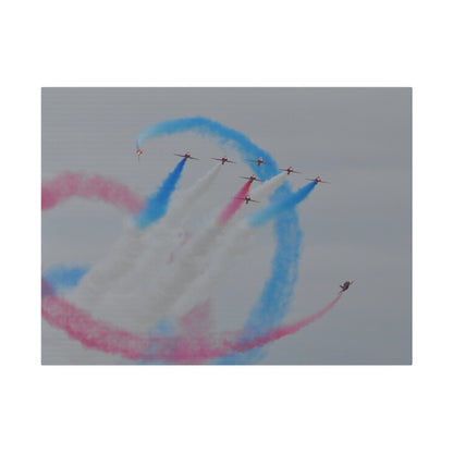 Seven Red Arrows Flying Forward With White Smoke And Starting To Change Colours And Two Looping Around Them With Red And Blue Smoke Much Closer Shoot, Matte Canvas, Stretched, 0.75" - The Trio Synergize Group
