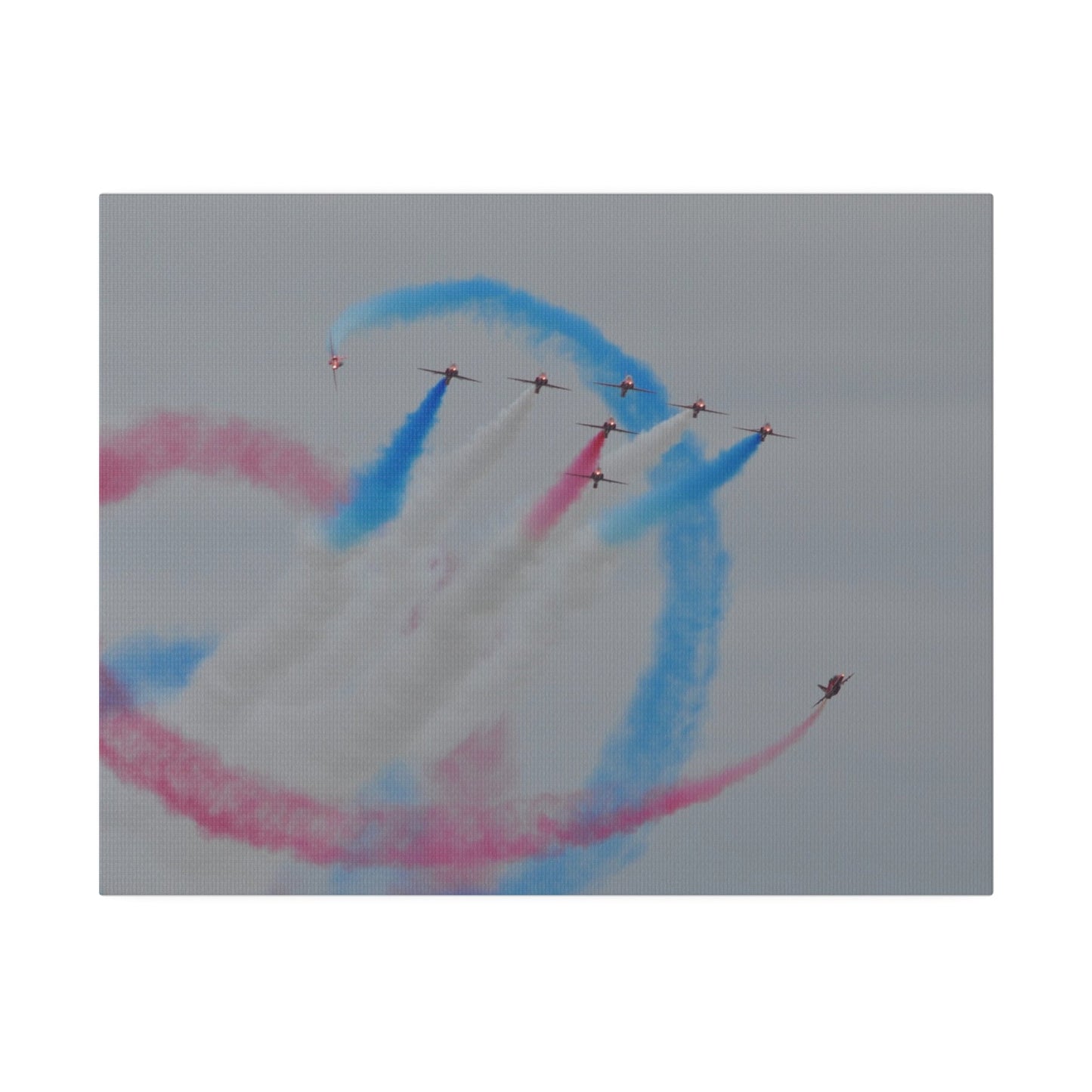 Seven Red Arrows Flying Forward With White Smoke And Starting To Change Colours And Two Looping Around Them With Red And Blue Smoke Much Closer Shoot, Matte Canvas, Stretched, 0.75" - The Trio Synergize Group