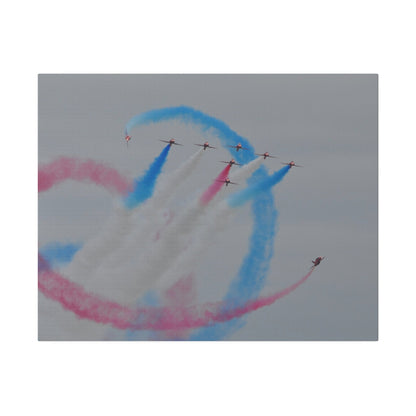 Seven Red Arrows Flying Forward With White Smoke And Starting To Change Colours And Two Looping Around Them With Red And Blue Smoke Much Closer Shoot, Matte Canvas, Stretched, 0.75" - The Trio Synergize Group