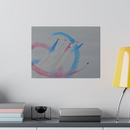 Seven Red Arrows Flying Forward With White Smoke And Starting To Change Colours And Two Looping Around Them With Red And Blue Smoke Much Closer Shoot, Matte Canvas, Stretched, 0.75" - The Trio Synergize Group