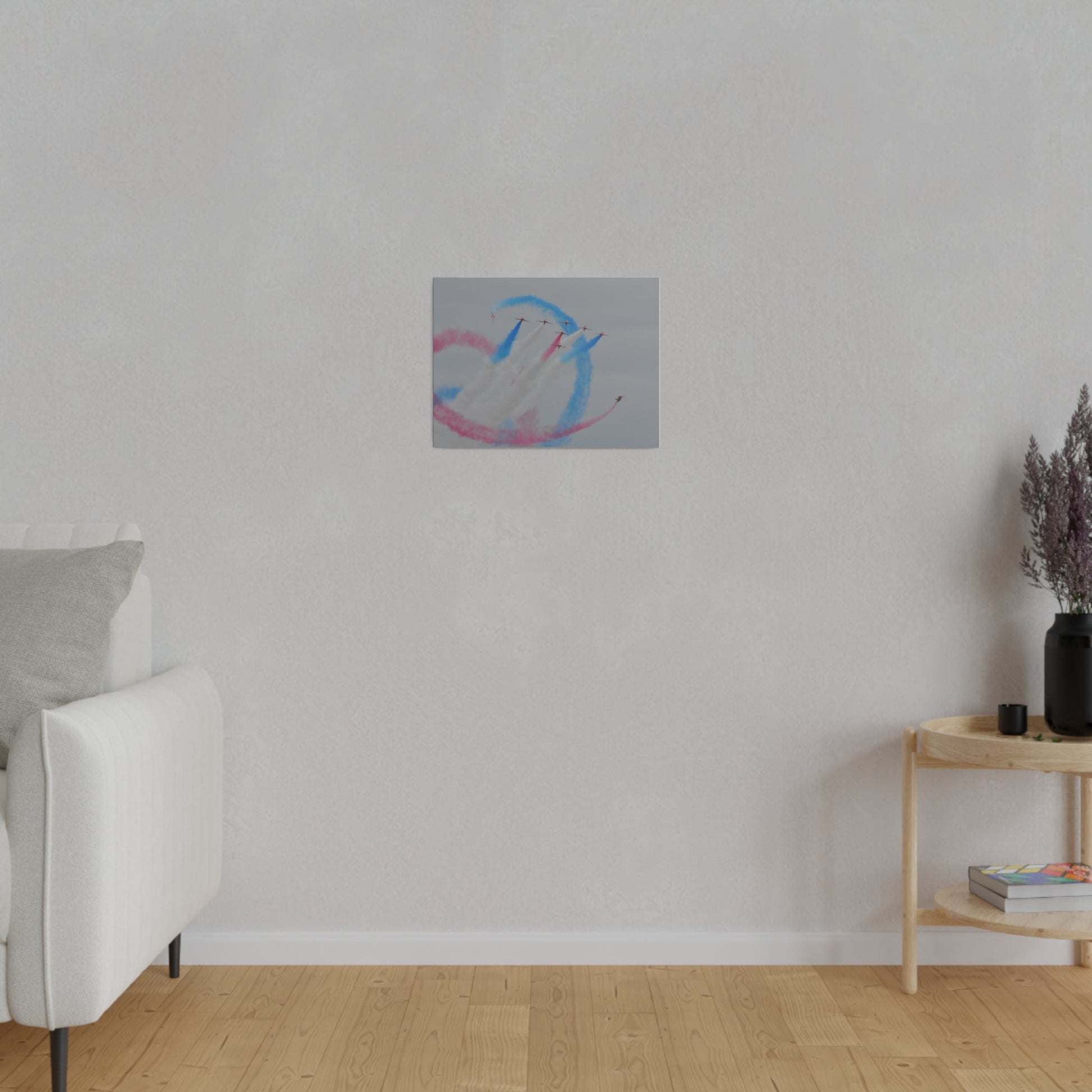 Seven Red Arrows Flying Forward With White Smoke And Starting To Change Colours And Two Looping Around Them With Red And Blue Smoke Much Closer Shoot, Matte Canvas, Stretched, 0.75" - The Trio Synergize Group