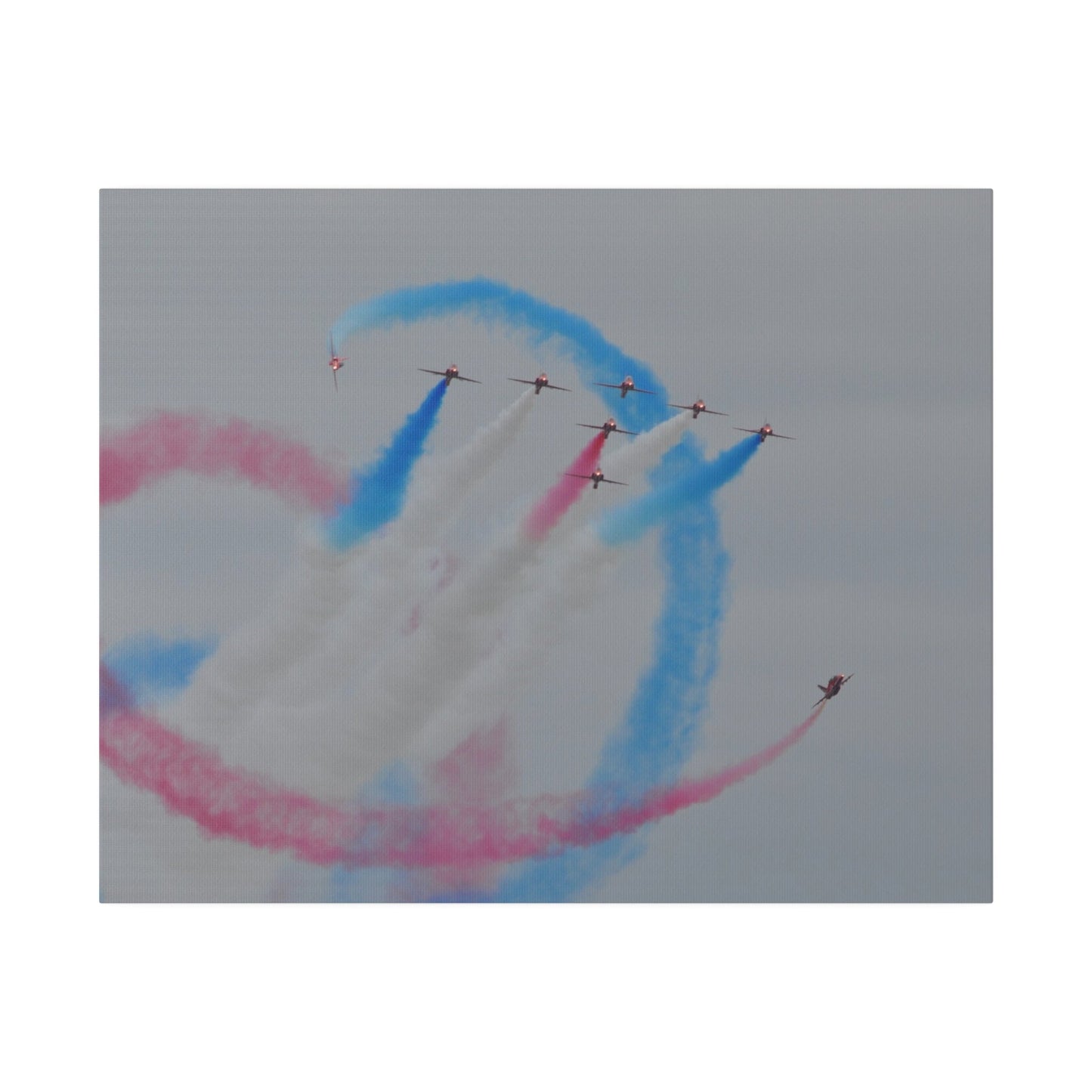 Seven Red Arrows Flying Forward With White Smoke And Starting To Change Colours And Two Looping Around Them With Red And Blue Smoke Much Closer Shoot, Matte Canvas, Stretched, 0.75" - The Trio Synergize Group