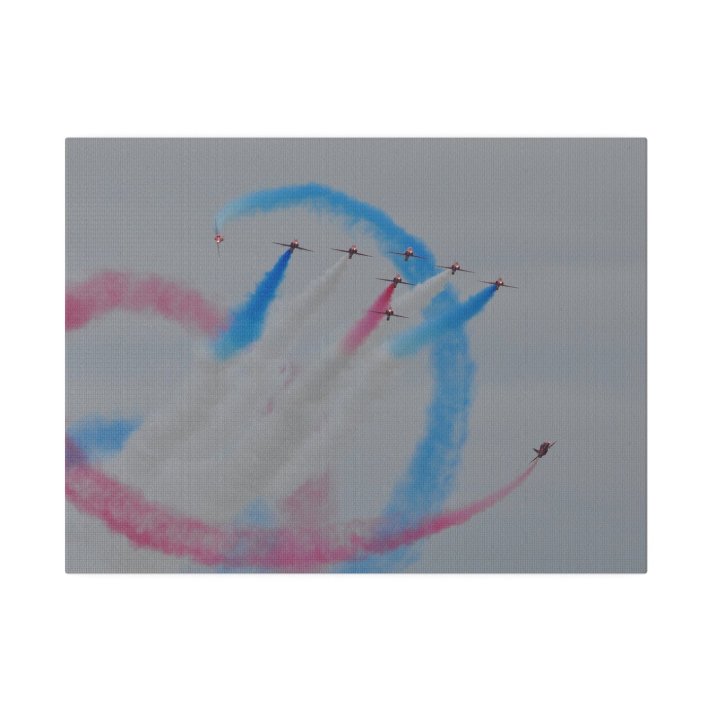 Seven Red Arrows Flying Forward With White Smoke And Starting To Change Colours And Two Looping Around Them With Red And Blue Smoke Much Closer Shoot, Matte Canvas, Stretched, 0.75" - The Trio Synergize Group