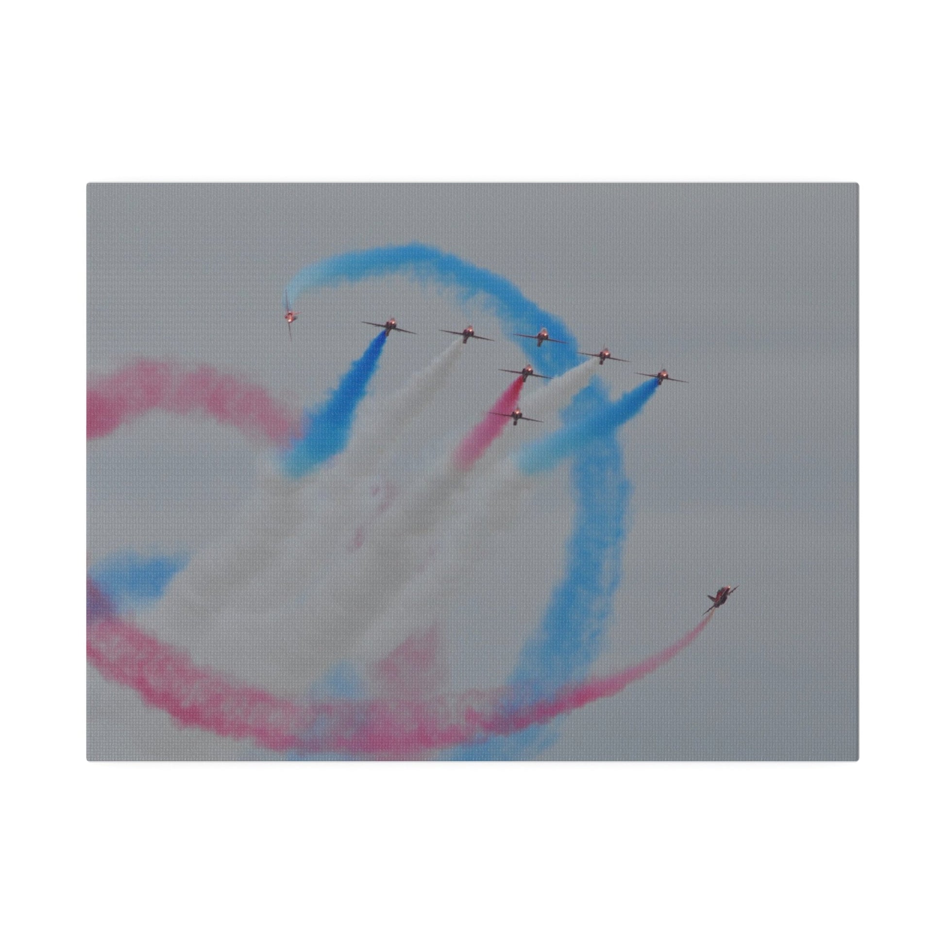 Seven Red Arrows Flying Forward With White Smoke And Starting To Change Colours And Two Looping Around Them With Red And Blue Smoke Much Closer Shoot, Matte Canvas, Stretched, 0.75" - The Trio Synergize Group
