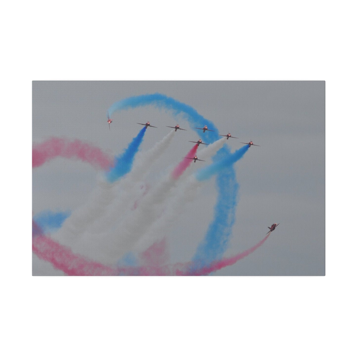 Seven Red Arrows Flying Forward With White Smoke And Starting To Change Colours And Two Looping Around Them With Red And Blue Smoke Much Closer Shoot, Matte Canvas, Stretched, 0.75" - The Trio Synergize Group