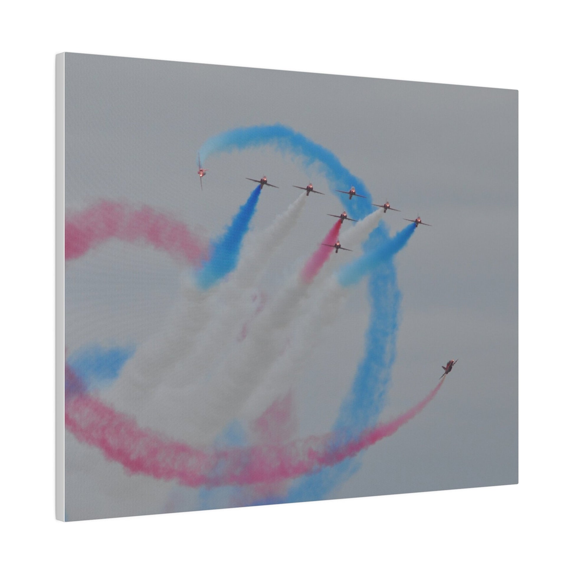 Seven Red Arrows Flying Forward With White Smoke And Starting To Change Colours And Two Looping Around Them With Red And Blue Smoke Much Closer Shoot, Matte Canvas, Stretched, 0.75" - The Trio Synergize Group