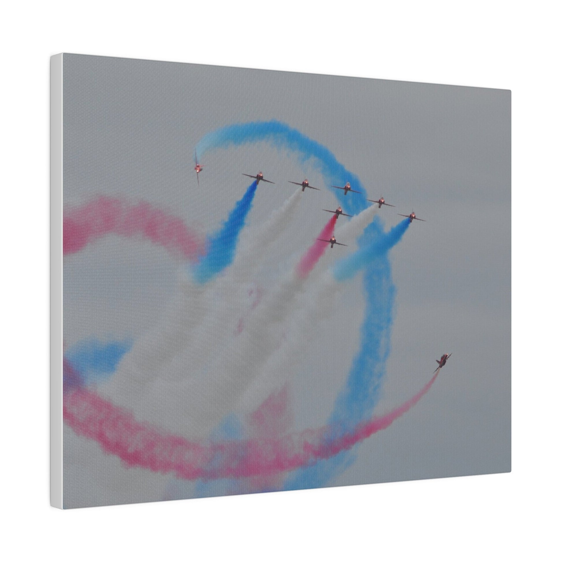 Seven Red Arrows Flying Forward With White Smoke And Starting To Change Colours And Two Looping Around Them With Red And Blue Smoke Much Closer Shoot, Matte Canvas, Stretched, 0.75" - The Trio Synergize Group