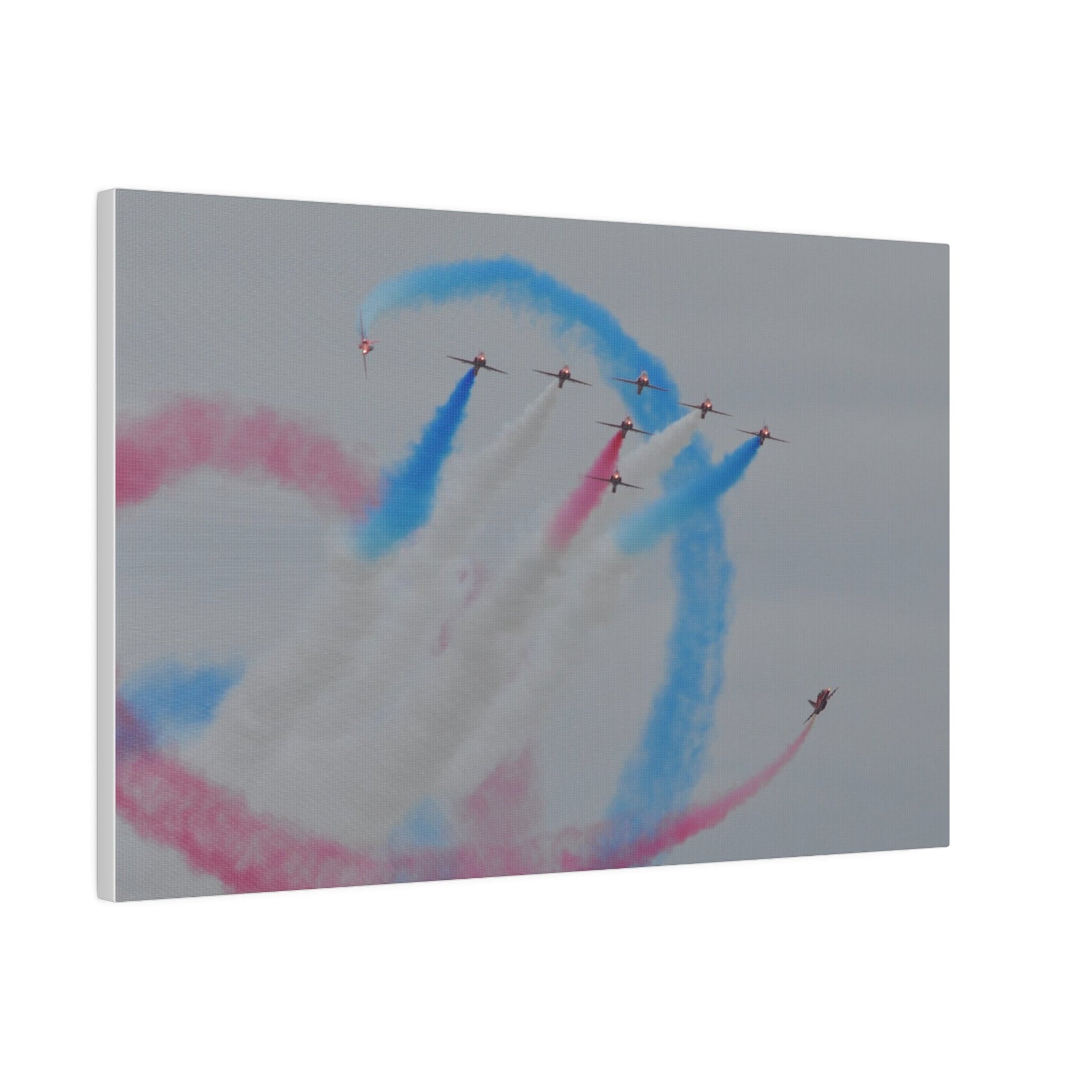 Seven Red Arrows Flying Forward With White Smoke And Starting To Change Colours And Two Looping Around Them With Red And Blue Smoke Much Closer Shoot, Matte Canvas, Stretched, 0.75" - The Trio Synergize Group