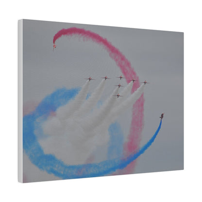 Seven Red Arrows Flying Forward With White Smoke And Two Looping Around Them With Red And Blue Smoke Closer Shoot, Matte Canvas, Stretched, 0.75" - The Trio Synergize Group
