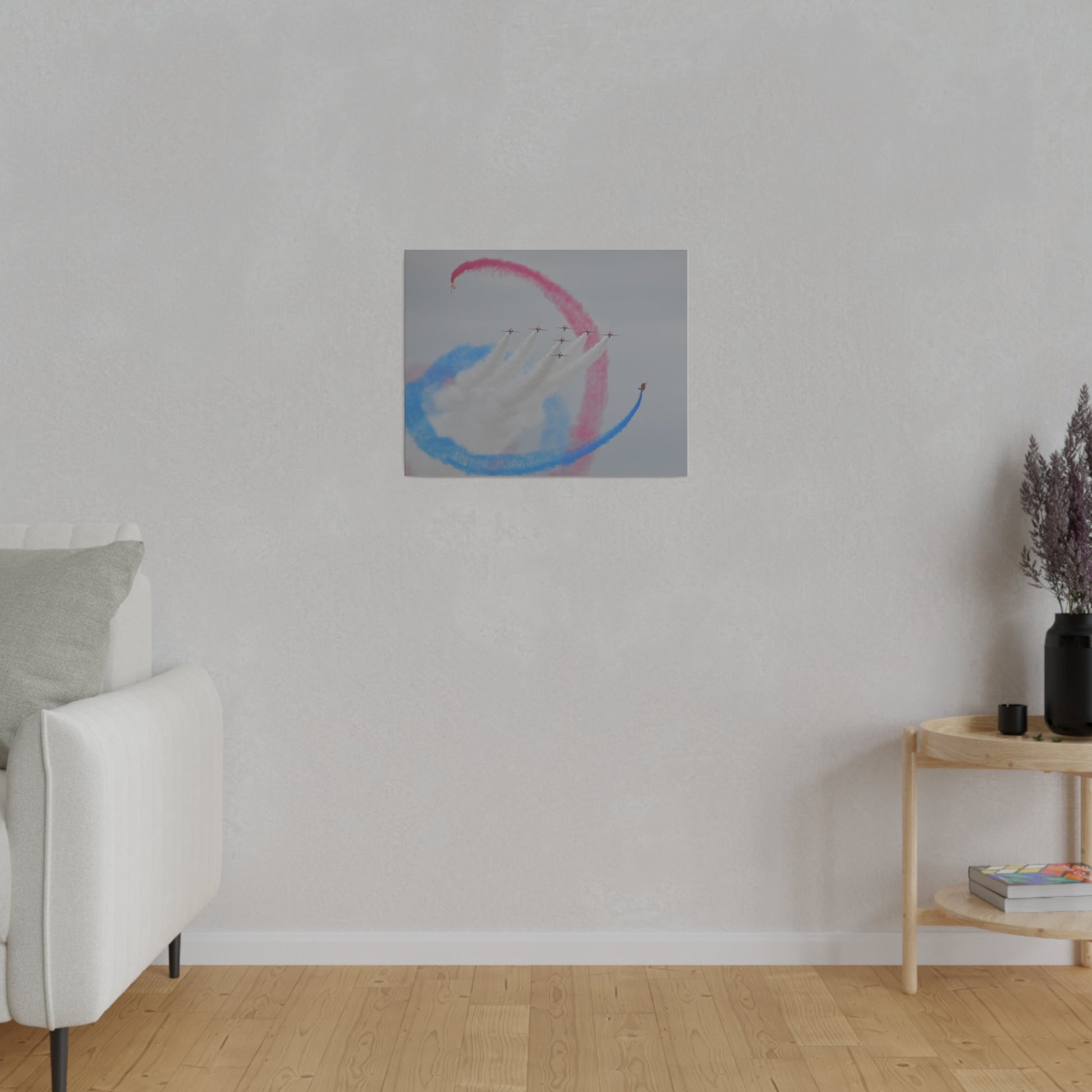 Seven Red Arrows Flying Forward With White Smoke And Two Looping Around Them With Red And Blue Smoke Closer Shoot, Matte Canvas, Stretched, 0.75" - The Trio Synergize Group