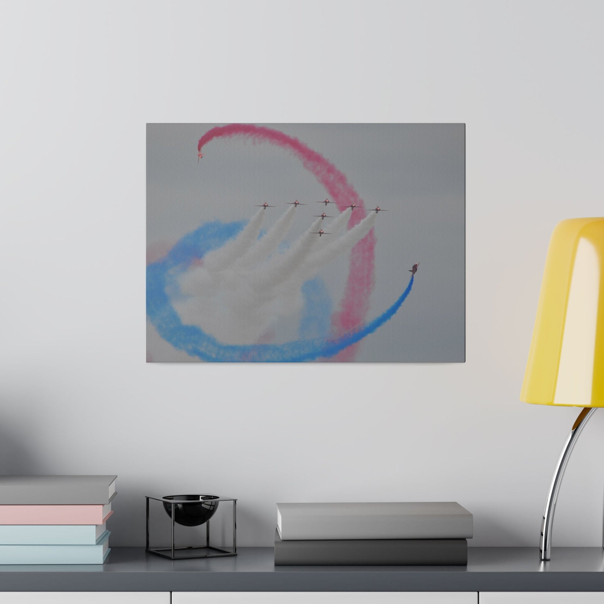 Seven Red Arrows Flying Forward With White Smoke And Two Looping Around Them With Red And Blue Smoke Closer Shoot, Matte Canvas, Stretched, 0.75" - The Trio Synergize Group