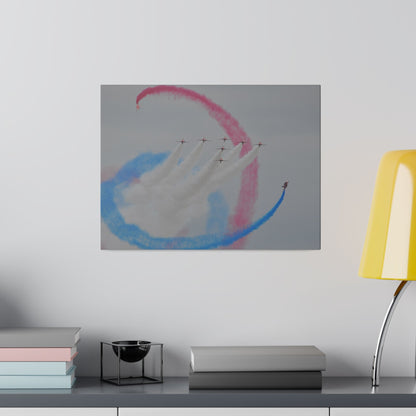 Seven Red Arrows Flying Forward With White Smoke And Two Looping Around Them With Red And Blue Smoke Closer Shoot, Matte Canvas, Stretched, 0.75" - The Trio Synergize Group