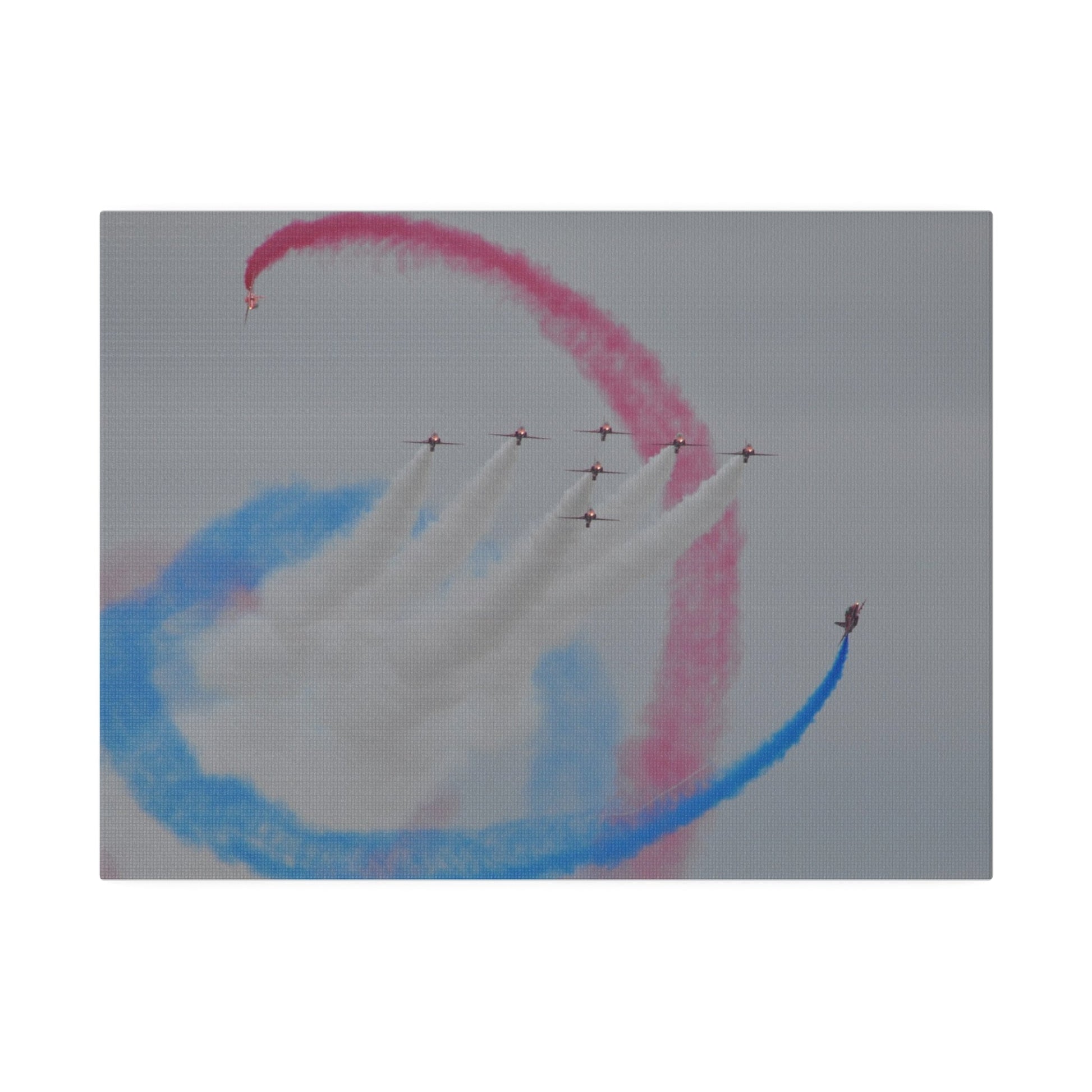 Seven Red Arrows Flying Forward With White Smoke And Two Looping Around Them With Red And Blue Smoke Closer Shoot, Matte Canvas, Stretched, 0.75" - The Trio Synergize Group