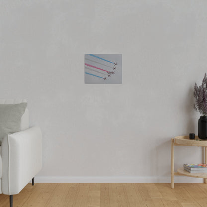 Seven Red Arrows Flying From The Left In Formation Banking Left, With Blue, White And Red Smoke Very Close Up Rear View, Matte Canvas, Stretched, 0.75" - The Trio Synergize Group