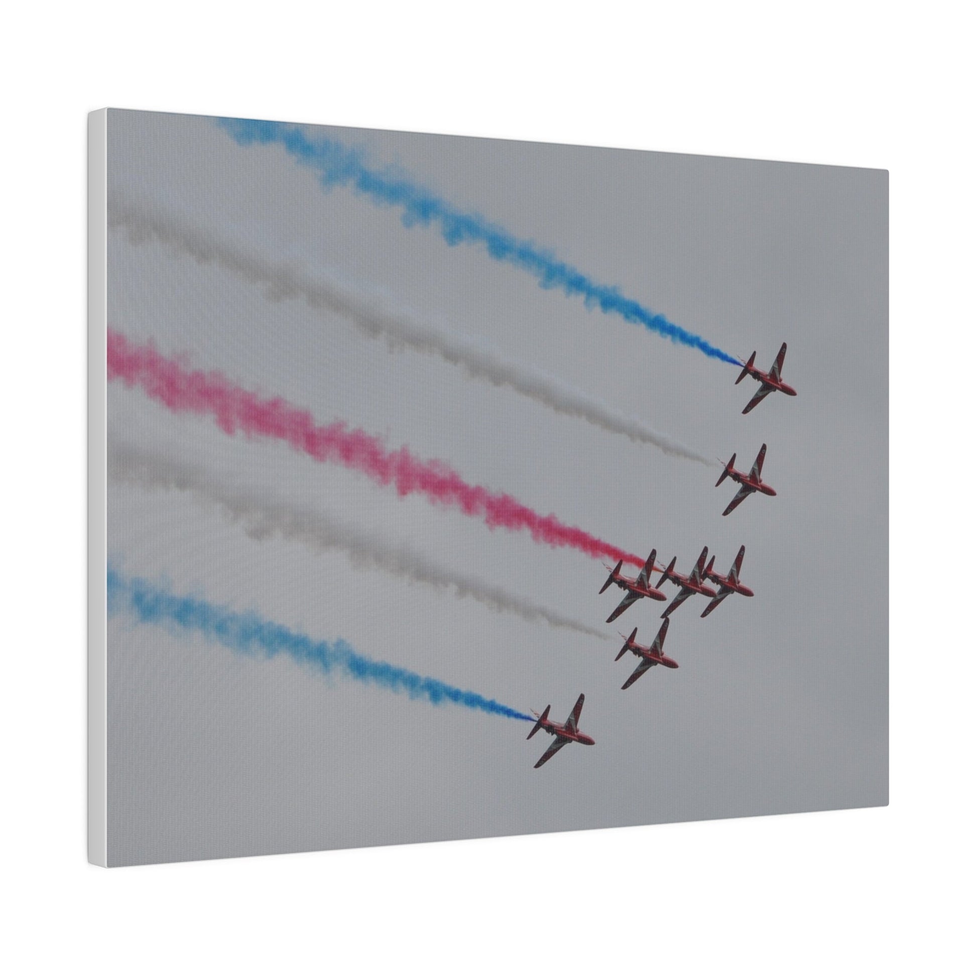 Seven Red Arrows Flying From The Left In Formation Banking Left, With Blue, White And Red Smoke Very Close Up Rear View, Matte Canvas, Stretched, 0.75" - The Trio Synergize Group