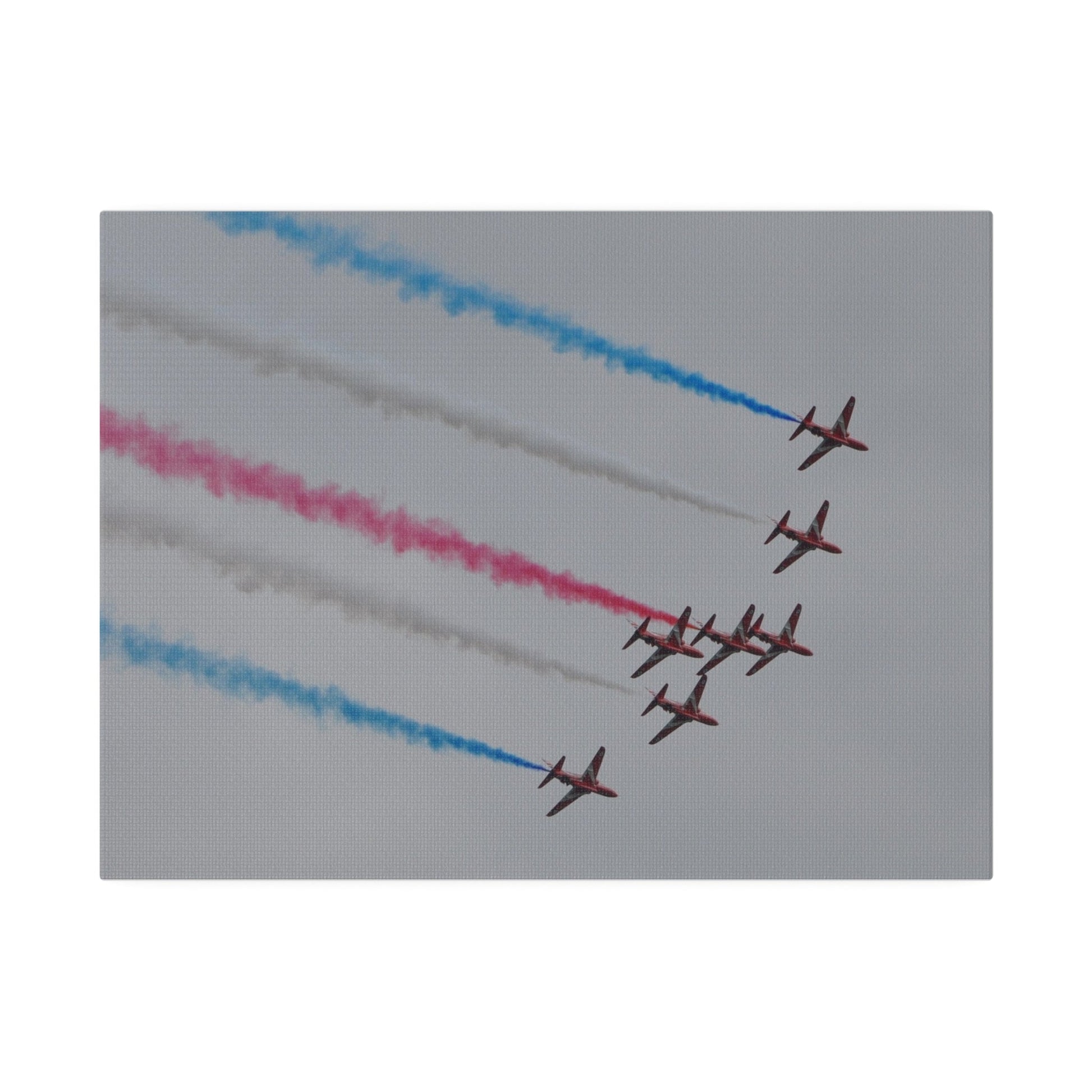 Seven Red Arrows Flying From The Left In Formation Banking Left, With Blue, White And Red Smoke Very Close Up Rear View, Matte Canvas, Stretched, 0.75" - The Trio Synergize Group