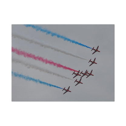 Seven Red Arrows Flying From The Left In Formation Banking Left, With Blue, White And Red Smoke Very Close Up Rear View, Matte Canvas, Stretched, 0.75" - The Trio Synergize Group