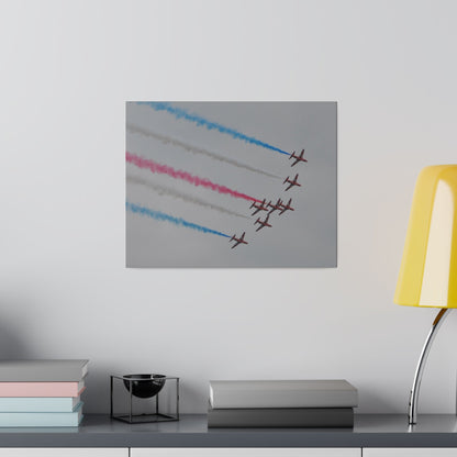 Seven Red Arrows Flying From The Left In Formation Banking Left, With Blue, White And Red Smoke Very Close Up Rear View, Matte Canvas, Stretched, 0.75" - The Trio Synergize Group