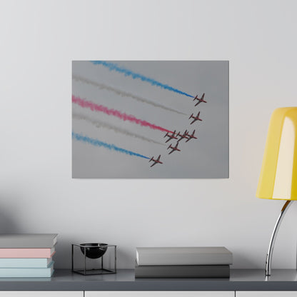 Seven Red Arrows Flying From The Left In Formation Banking Left, With Blue, White And Red Smoke Very Close Up Rear View, Matte Canvas, Stretched, 0.75" - The Trio Synergize Group