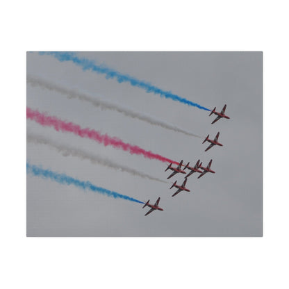 Seven Red Arrows Flying From The Left In Formation Banking Left, With Blue, White And Red Smoke Very Close Up Rear View, Matte Canvas, Stretched, 0.75" - The Trio Synergize Group