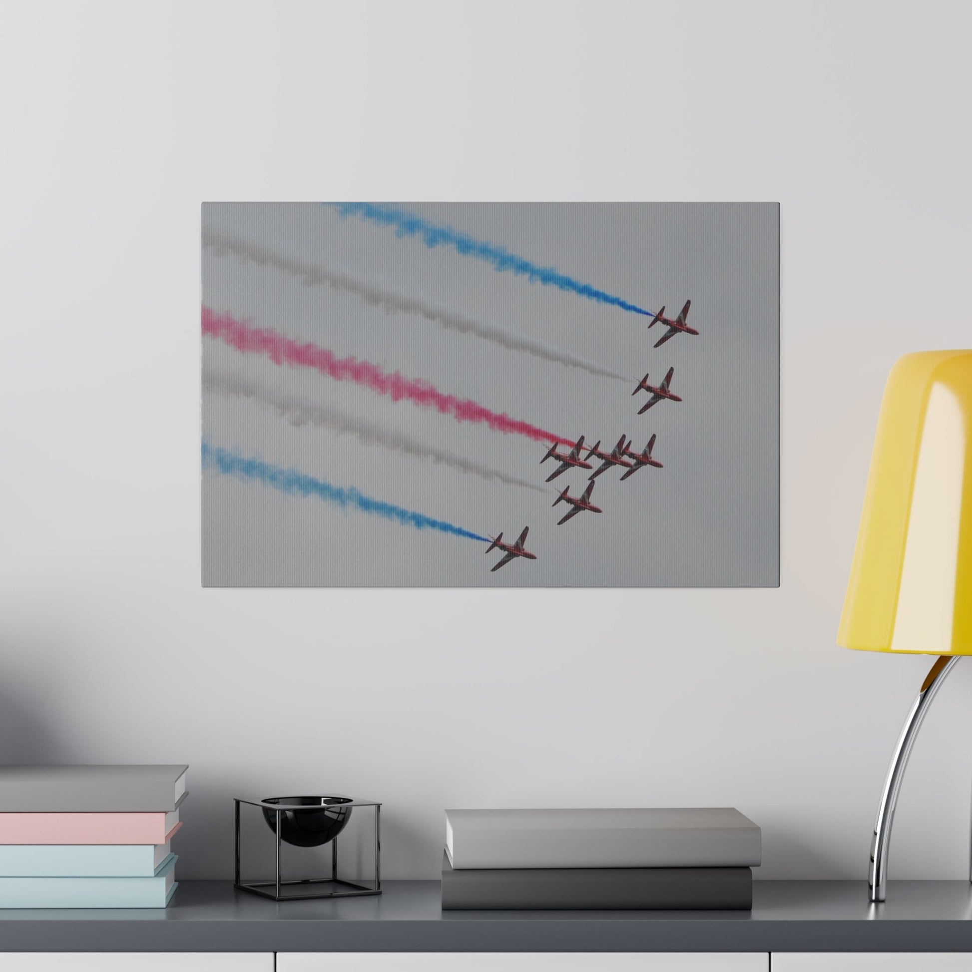 Seven Red Arrows Flying From The Left In Formation Banking Left, With Blue, White And Red Smoke Very Close Up Rear View, Matte Canvas, Stretched, 0.75" - The Trio Synergize Group