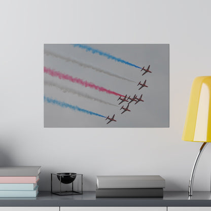 Seven Red Arrows Flying From The Left In Formation Banking Left, With Blue, White And Red Smoke Very Close Up Rear View, Matte Canvas, Stretched, 0.75" - The Trio Synergize Group