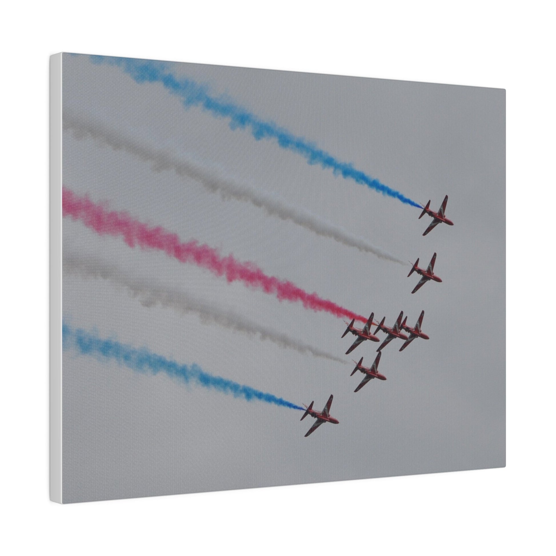 Seven Red Arrows Flying From The Left In Formation Banking Left, With Blue, White And Red Smoke Very Close Up Rear View, Matte Canvas, Stretched, 0.75" - The Trio Synergize Group