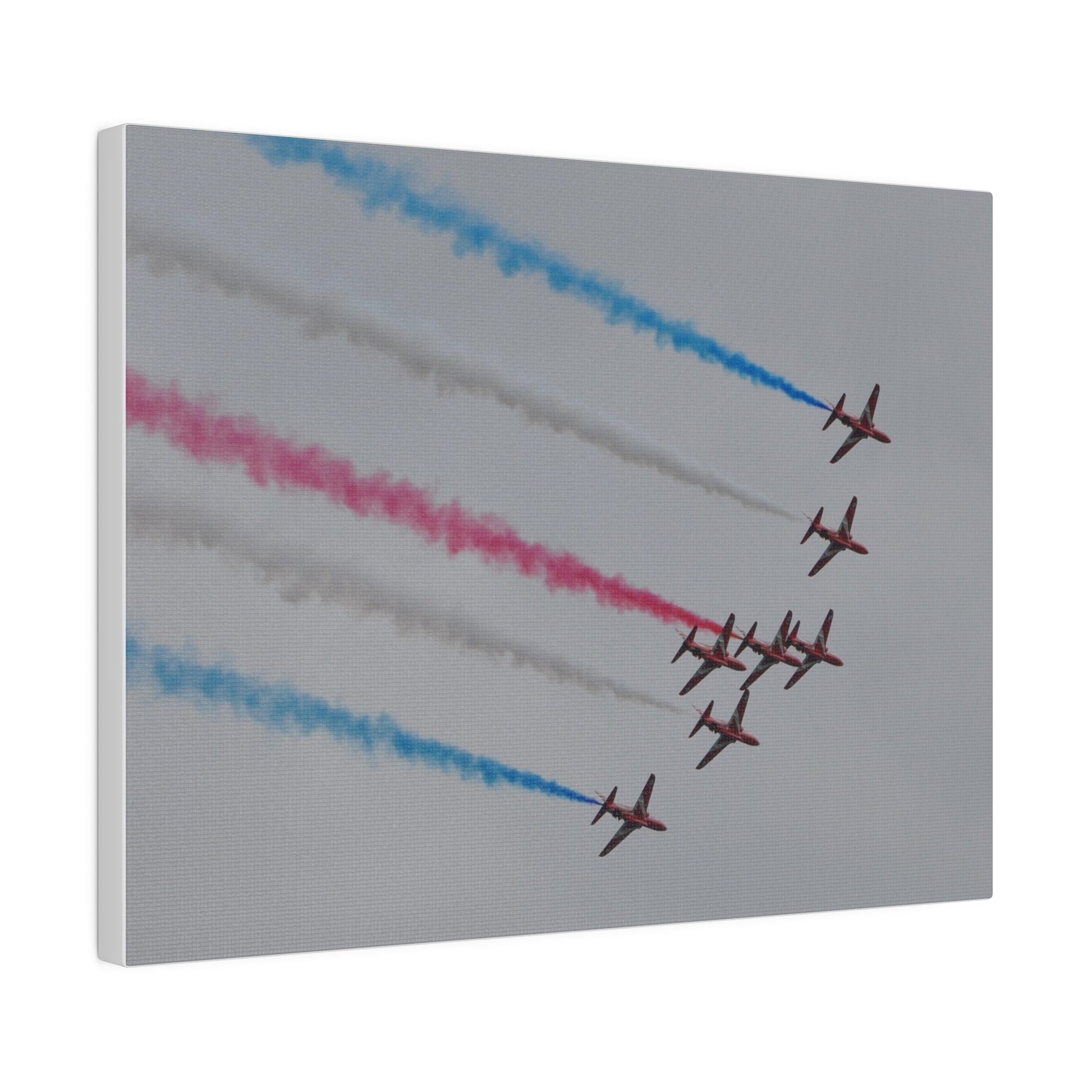 Seven Red Arrows Flying From The Left In Formation Banking Left, With Blue, White And Red Smoke Very Close Up Rear View, Matte Canvas, Stretched, 0.75" - The Trio Synergize Group