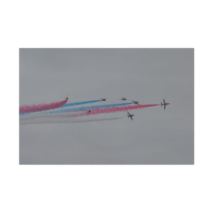 Seven Red Arrows Flying From The Left In Formation With slight Angles And With Blue, White And Red Smoke Close To Each Other, Matte Canvas, Stretched, 0.75" - The Trio Synergize Group