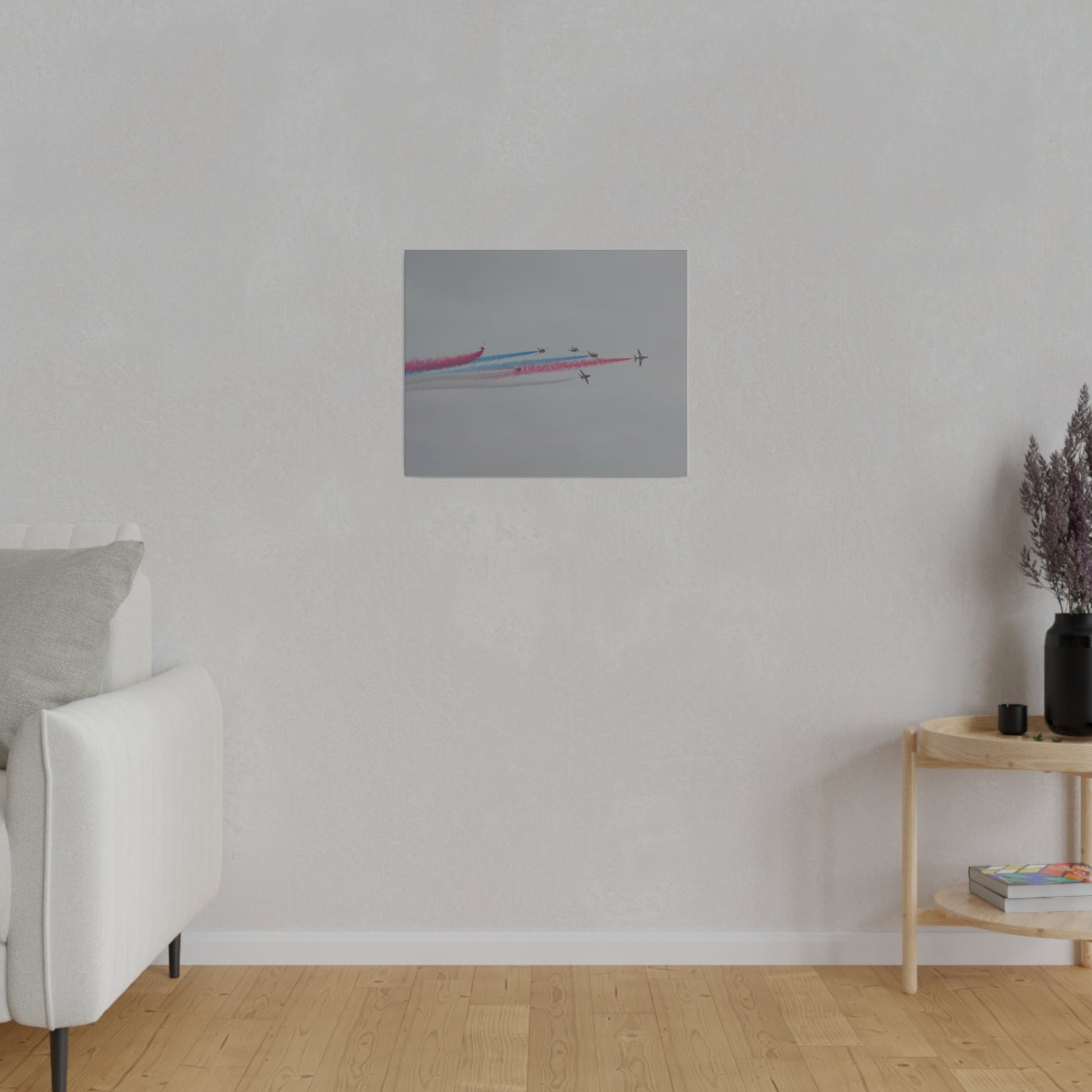 Seven Red Arrows Flying From The Left In Formation With slight Angles And With Blue, White And Red Smoke Close To Each Other, Matte Canvas, Stretched, 0.75" - The Trio Synergize Group