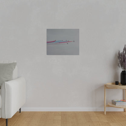 Seven Red Arrows Flying From The Left In Formation With slight Angles And With Blue, White And Red Smoke Close To Each Other, Matte Canvas, Stretched, 0.75" - The Trio Synergize Group