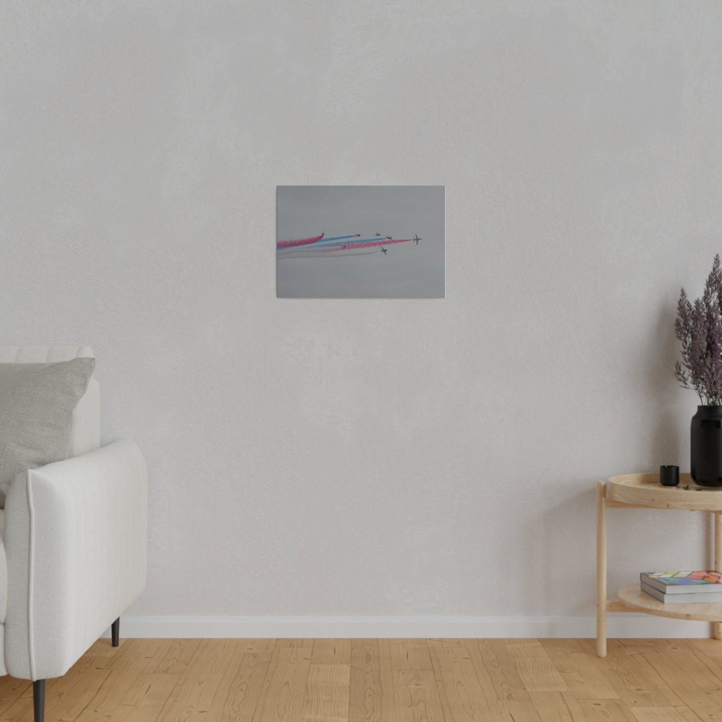 Seven Red Arrows Flying From The Left In Formation With slight Angles And With Blue, White And Red Smoke Close To Each Other, Matte Canvas, Stretched, 0.75" - The Trio Synergize Group