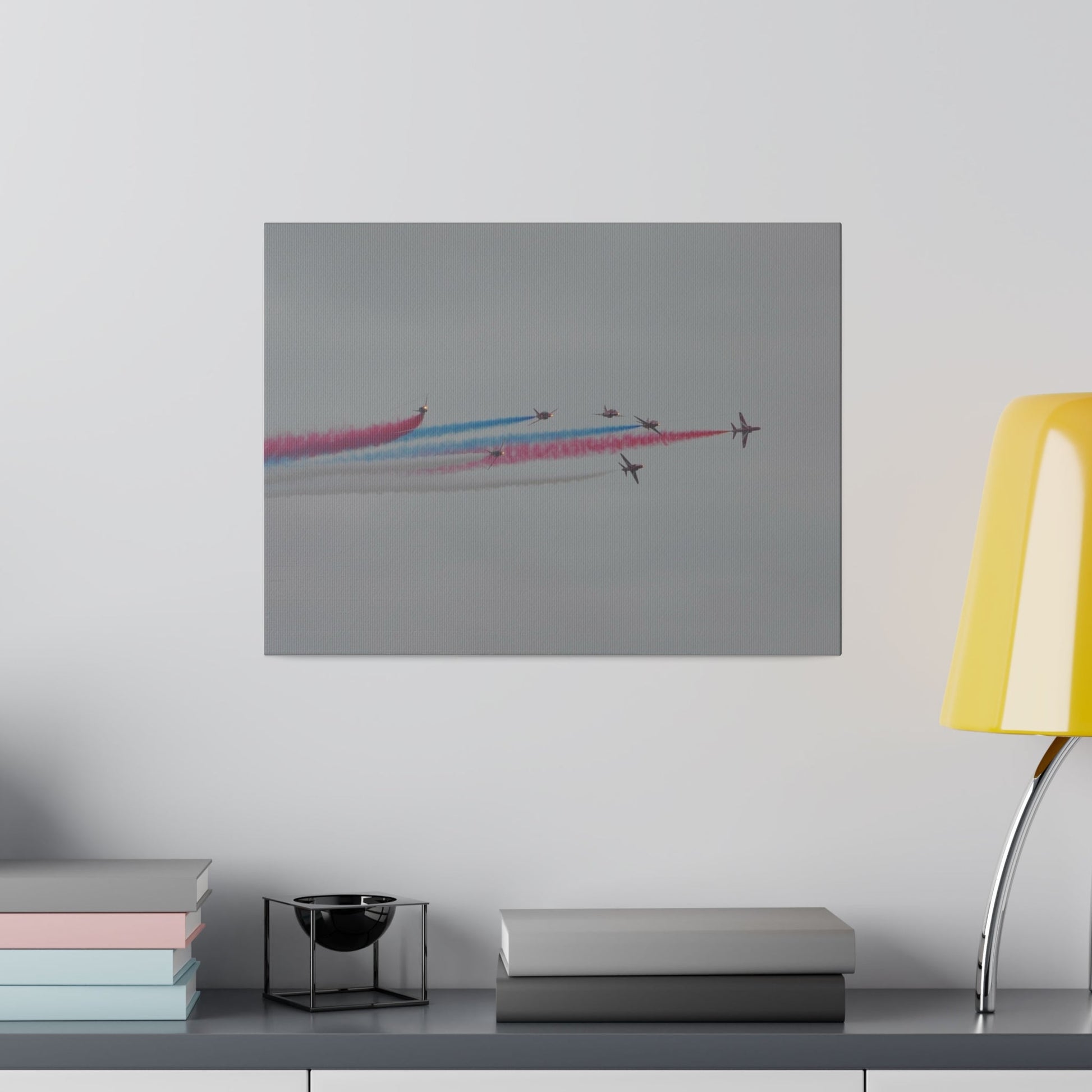 Seven Red Arrows Flying From The Left In Formation With slight Angles And With Blue, White And Red Smoke Close To Each Other, Matte Canvas, Stretched, 0.75" - The Trio Synergize Group