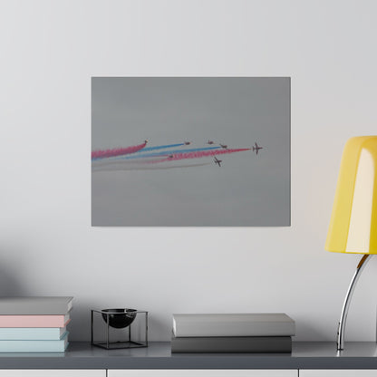 Seven Red Arrows Flying From The Left In Formation With slight Angles And With Blue, White And Red Smoke Close To Each Other, Matte Canvas, Stretched, 0.75" - The Trio Synergize Group