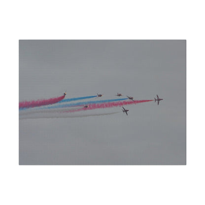 Seven Red Arrows Flying From The Left In Formation With slight Angles And With Blue, White And Red Smoke Close To Each Other, Matte Canvas, Stretched, 0.75" - The Trio Synergize Group