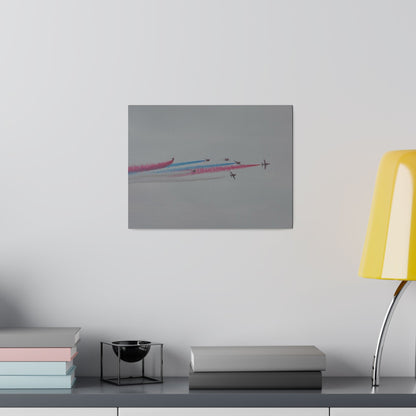 Seven Red Arrows Flying From The Left In Formation With slight Angles And With Blue, White And Red Smoke Close To Each Other, Matte Canvas, Stretched, 0.75" - The Trio Synergize Group